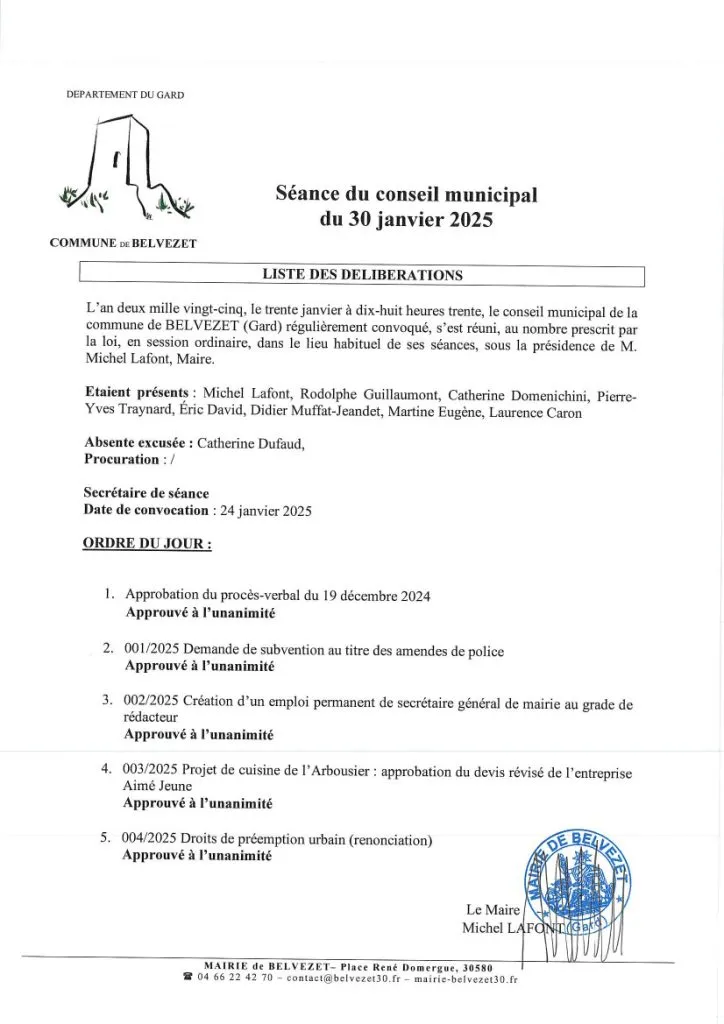 Liste des délibérations - séance du 30 janvier 2025